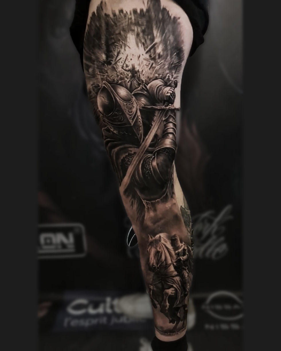 tatouage réalisme chevalier et templier